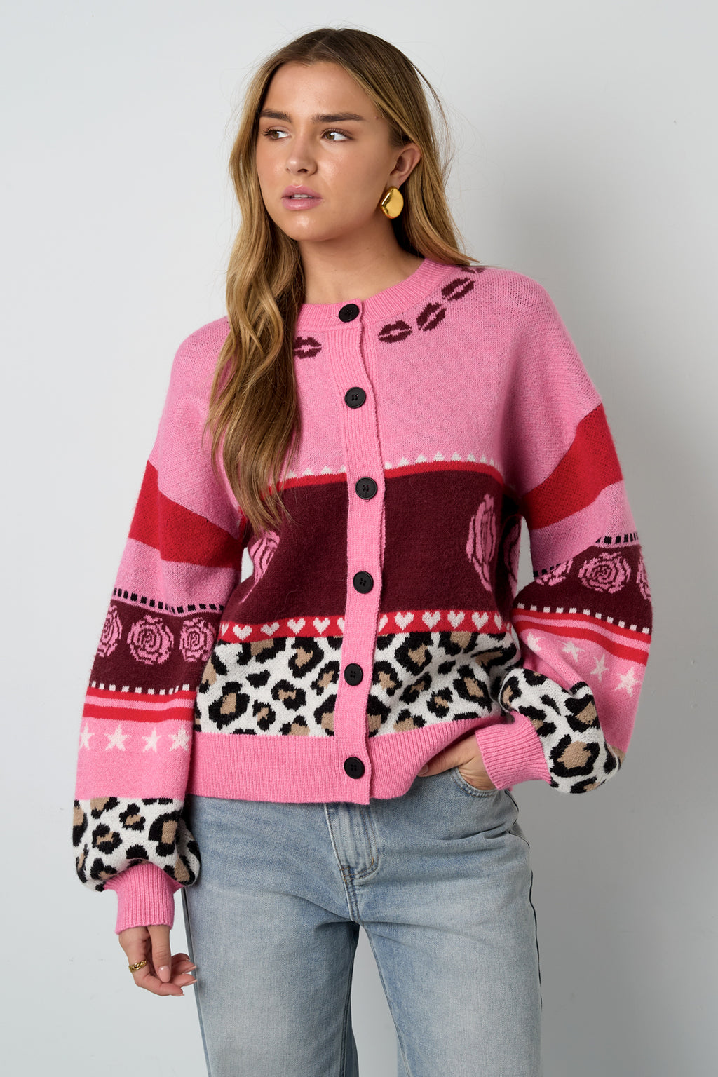 Cardigan Donna in Fibra di Poliestere lavorata a maglia Stile Casual con Stampa Floreale