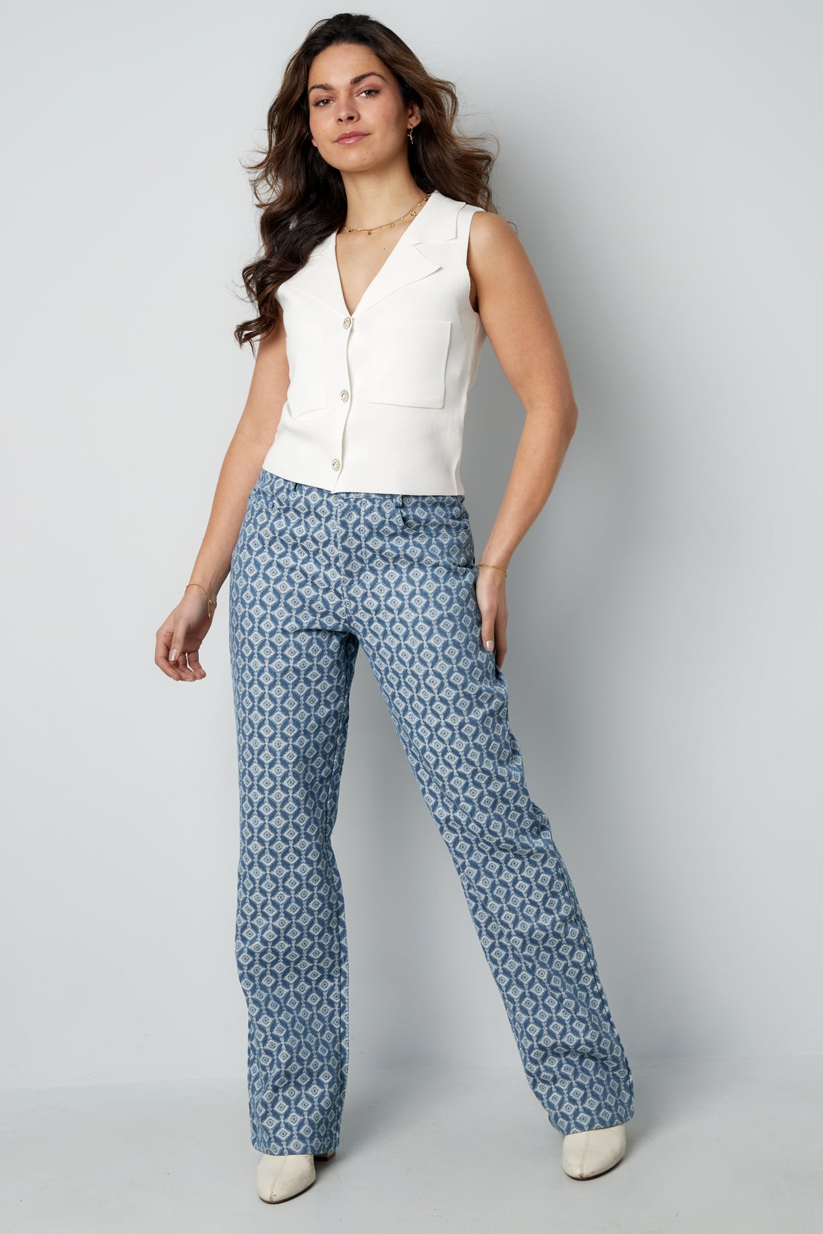 Cotton Woven Donna Pantalone Retto Motivo Geometrico