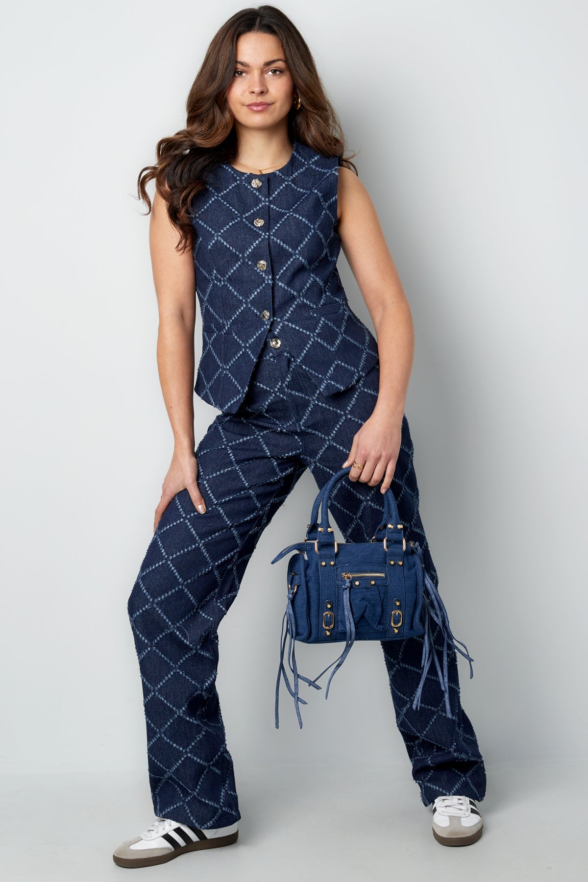 Cotone Tessuto Pantaloni Dritti Donna A quadri Casual