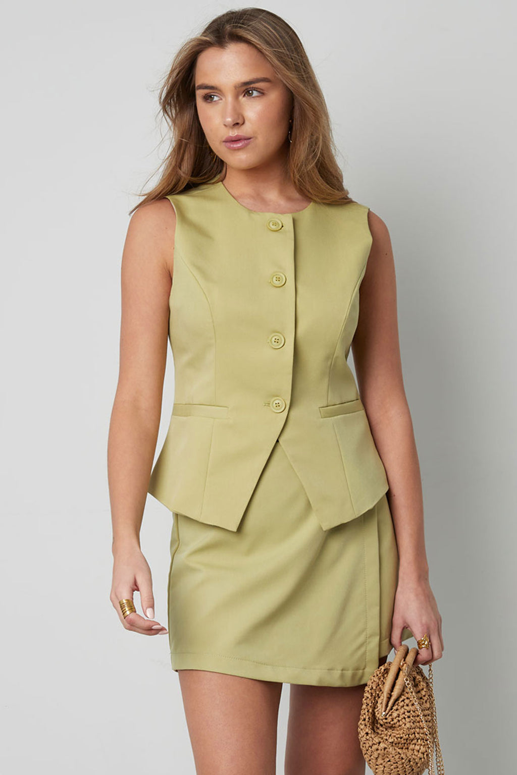Poliestere Top Senza Maniche Donna Design Strutturato con Pulsanti