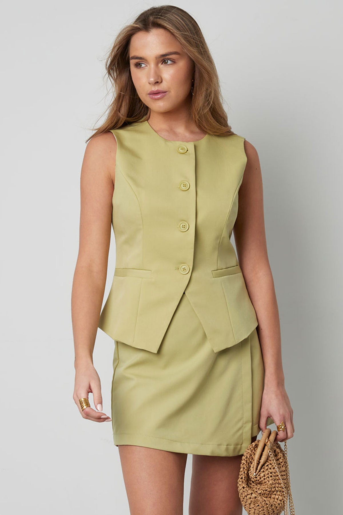 Poliestere Top Senza Maniche Donna Design Strutturato con Pulsanti