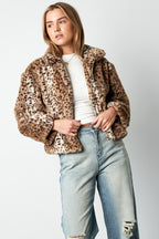 Giubbotto Donna in Poliestere Pelliccia Sintetica Stampa Leopardo Caldo e Accogliente