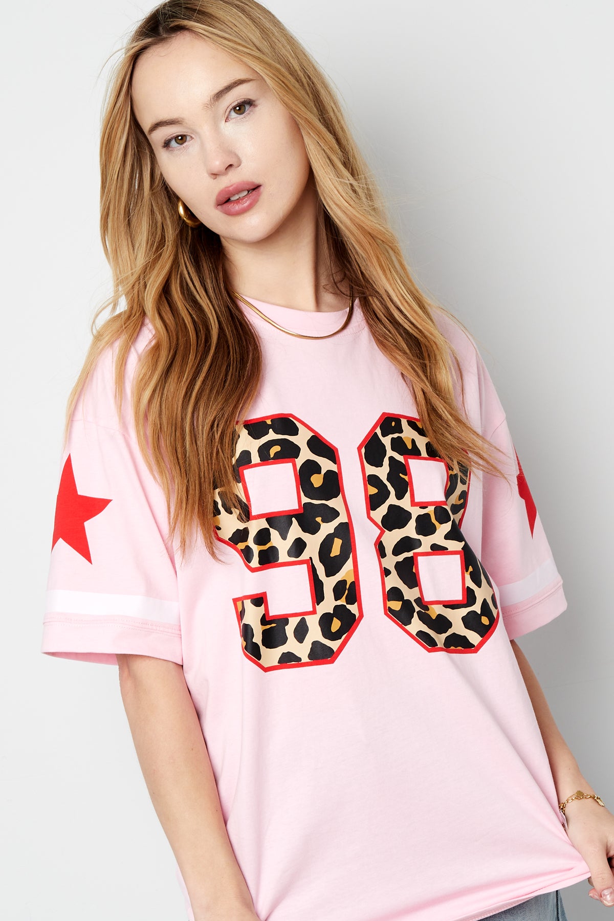 Cotone Maglietta Donna Oversized Stampa Leopardo Numero 98