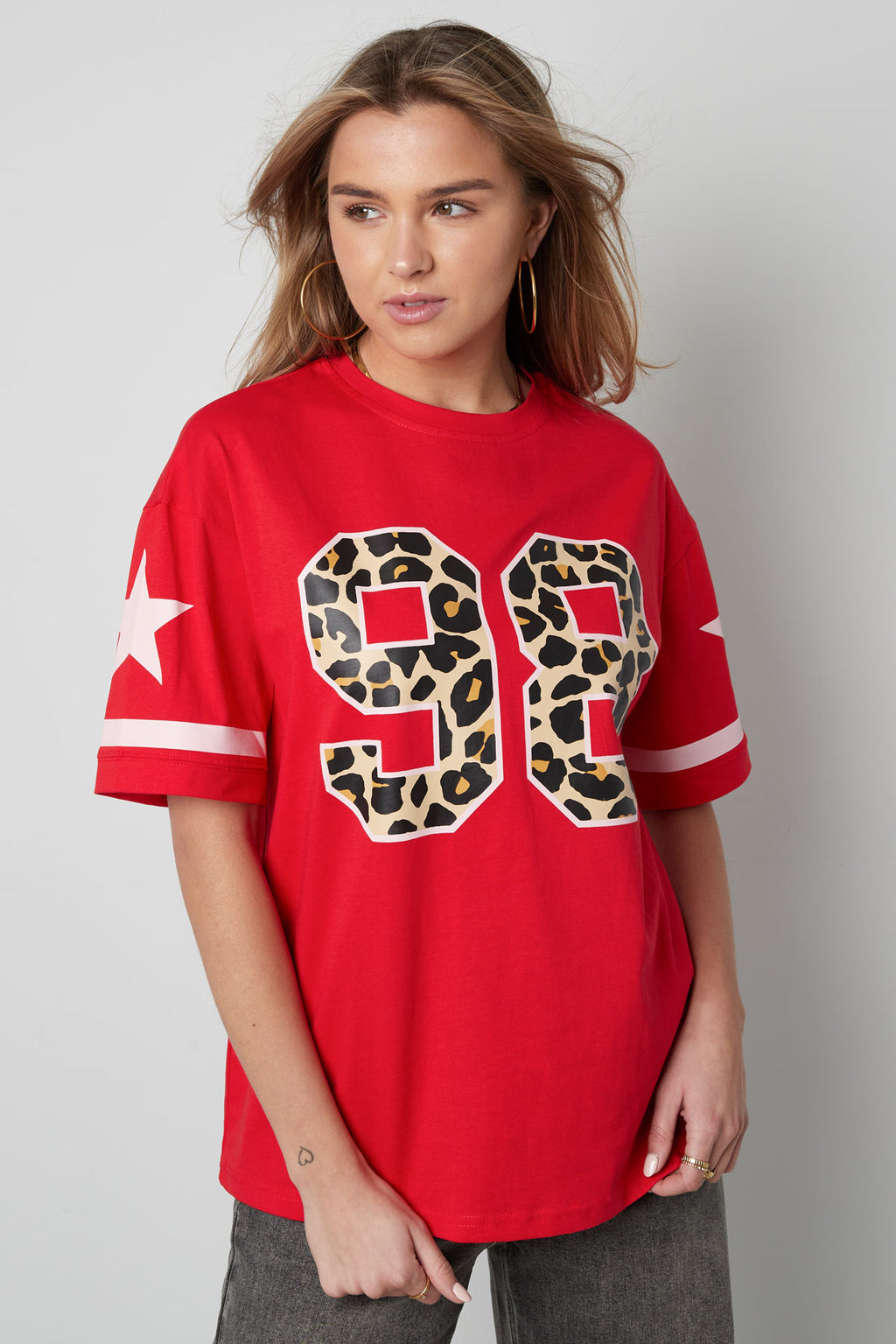 Cotone Maglietta Donna Oversized Stampa Leopardo Numero 98