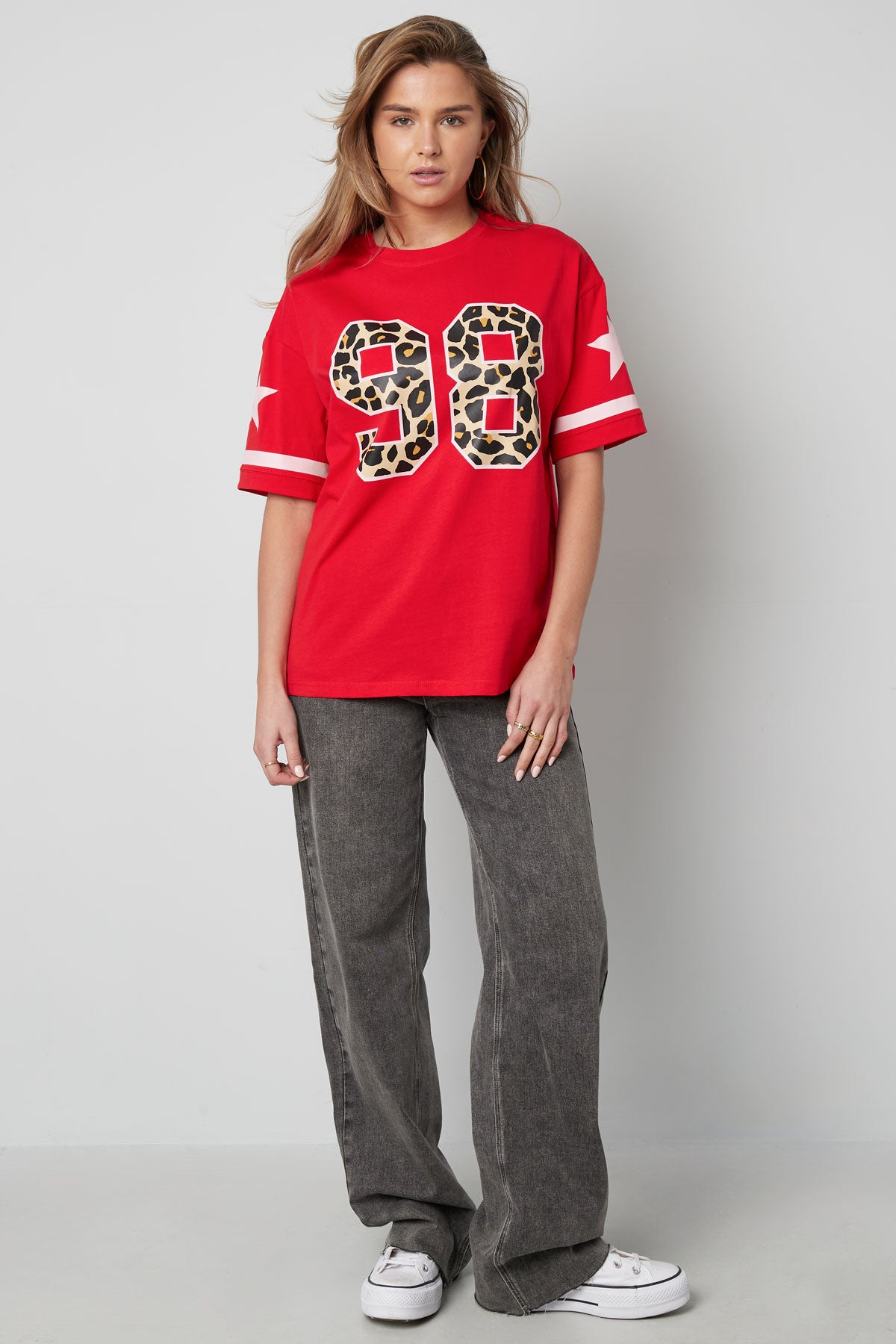 Cotone Maglietta Donna Oversized Stampa Leopardo Numero 98
