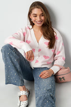 Viscosa Maglia Cardigan Donna Carino Motivo Cuore Autunno/Inverno