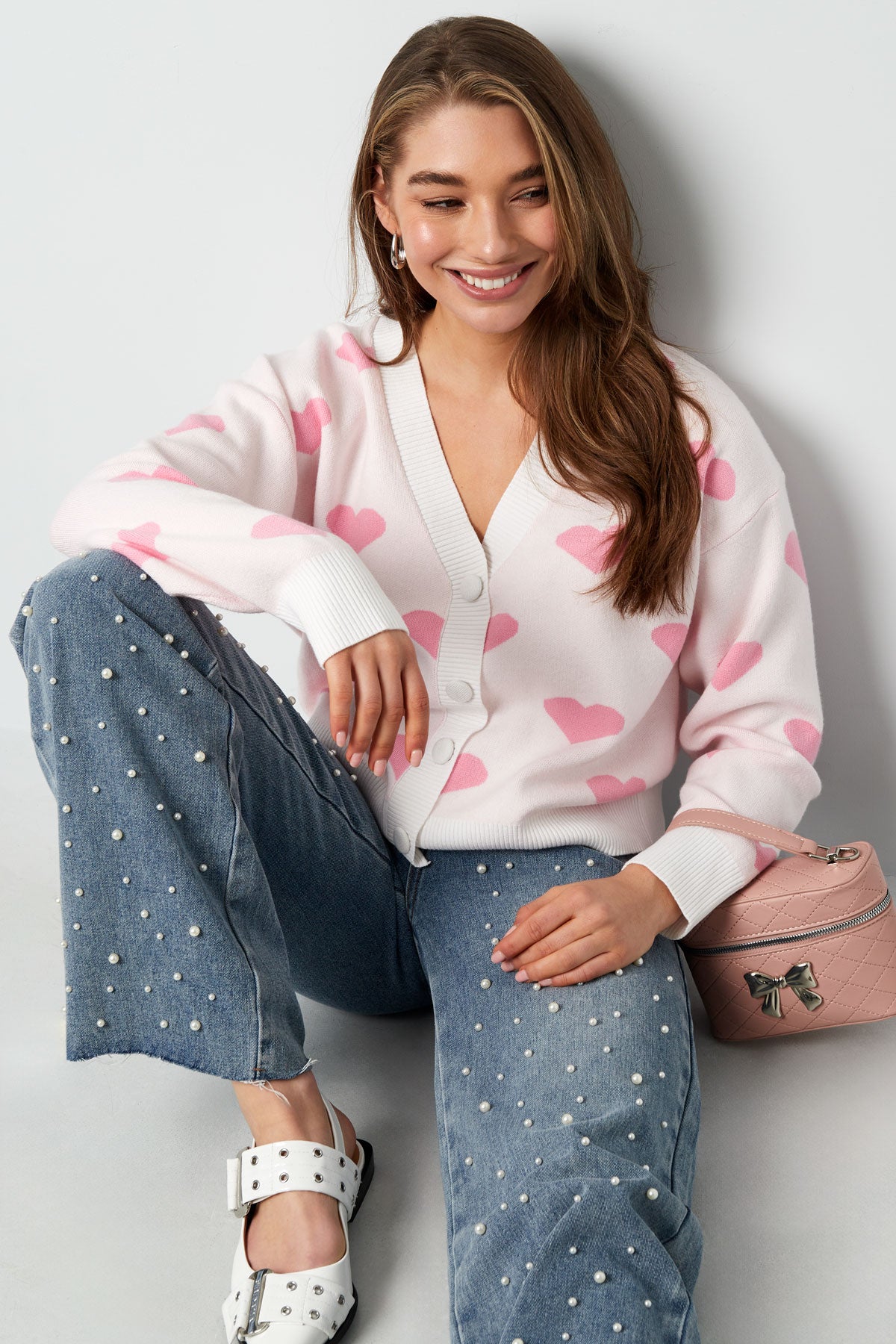 Viscosa Maglia Cardigan Donna Carino Motivo Cuore Autunno/Inverno