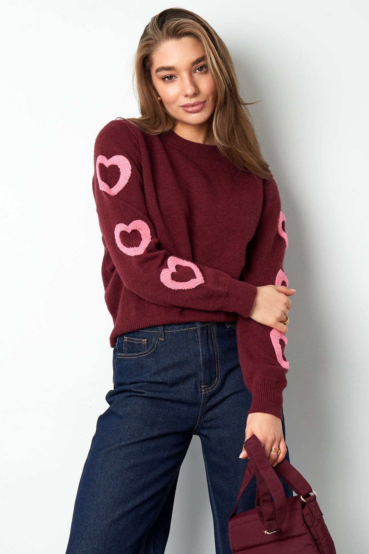 Maglione in Mistura di Lana Maglia Donna Girocollo Design a Cuori