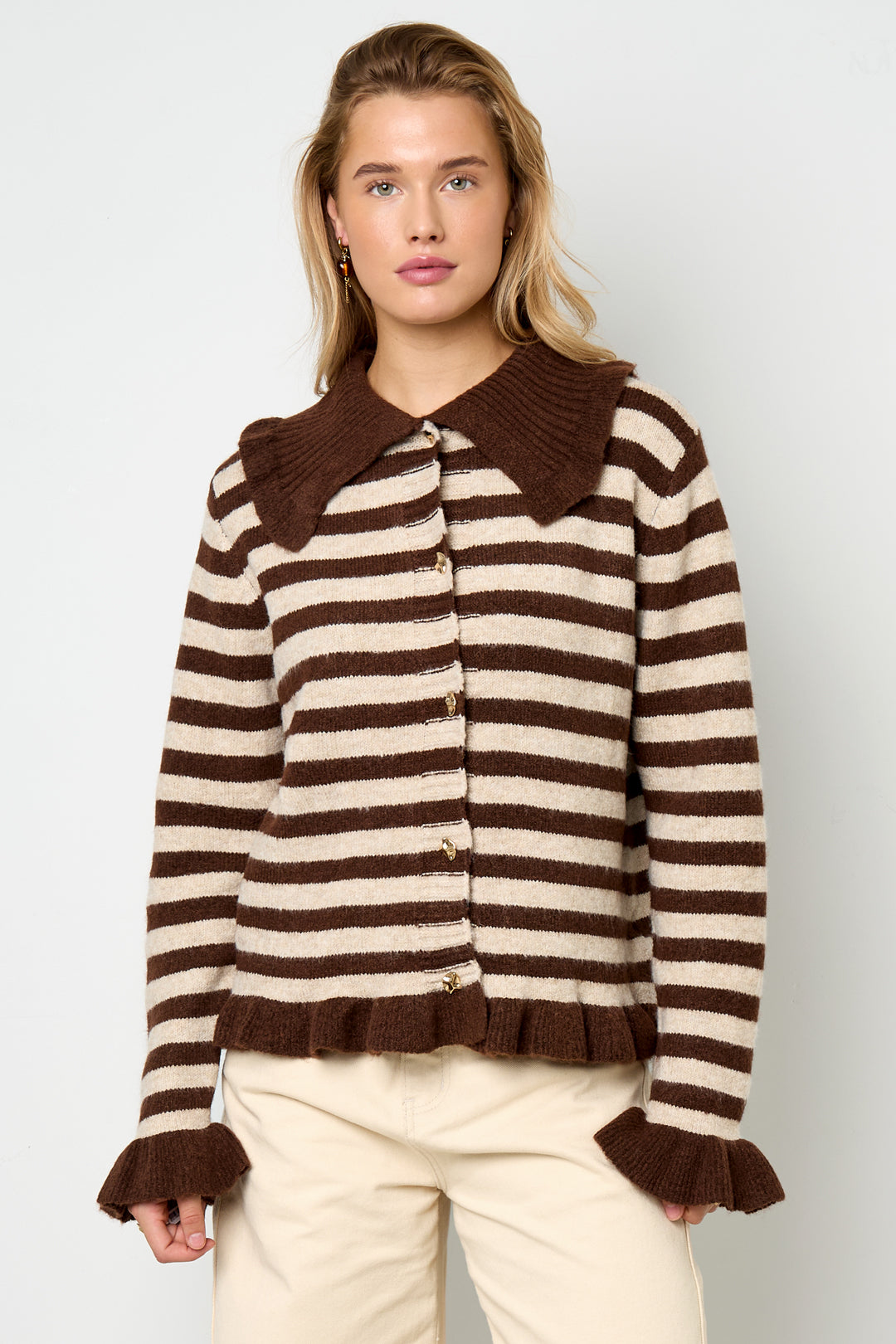 Cardigan Donna in Fibra di Poliestere Maglia Stile Casual a Righe