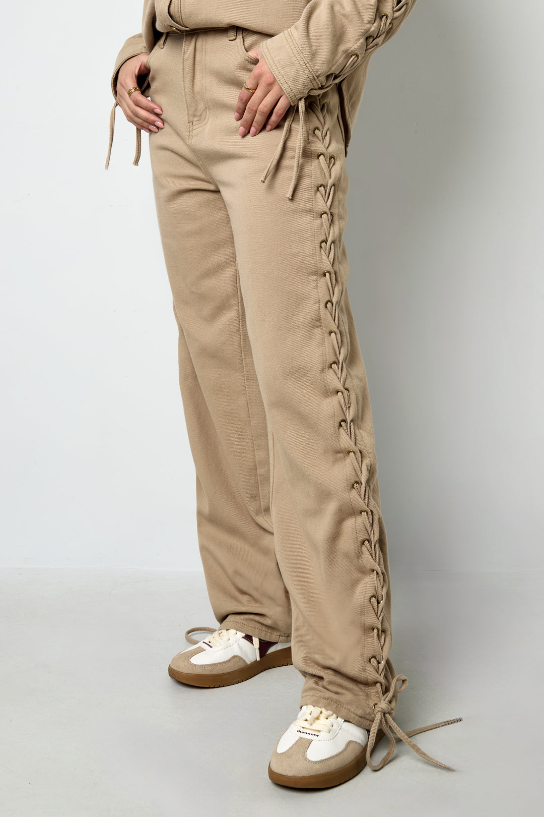 Cotone Tessuto Pantaloni Dritti Donna Con Lacci Casual