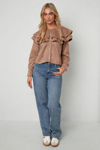 Woven Polyester Fiber Donna Blusa Elegant Ruffle Trim