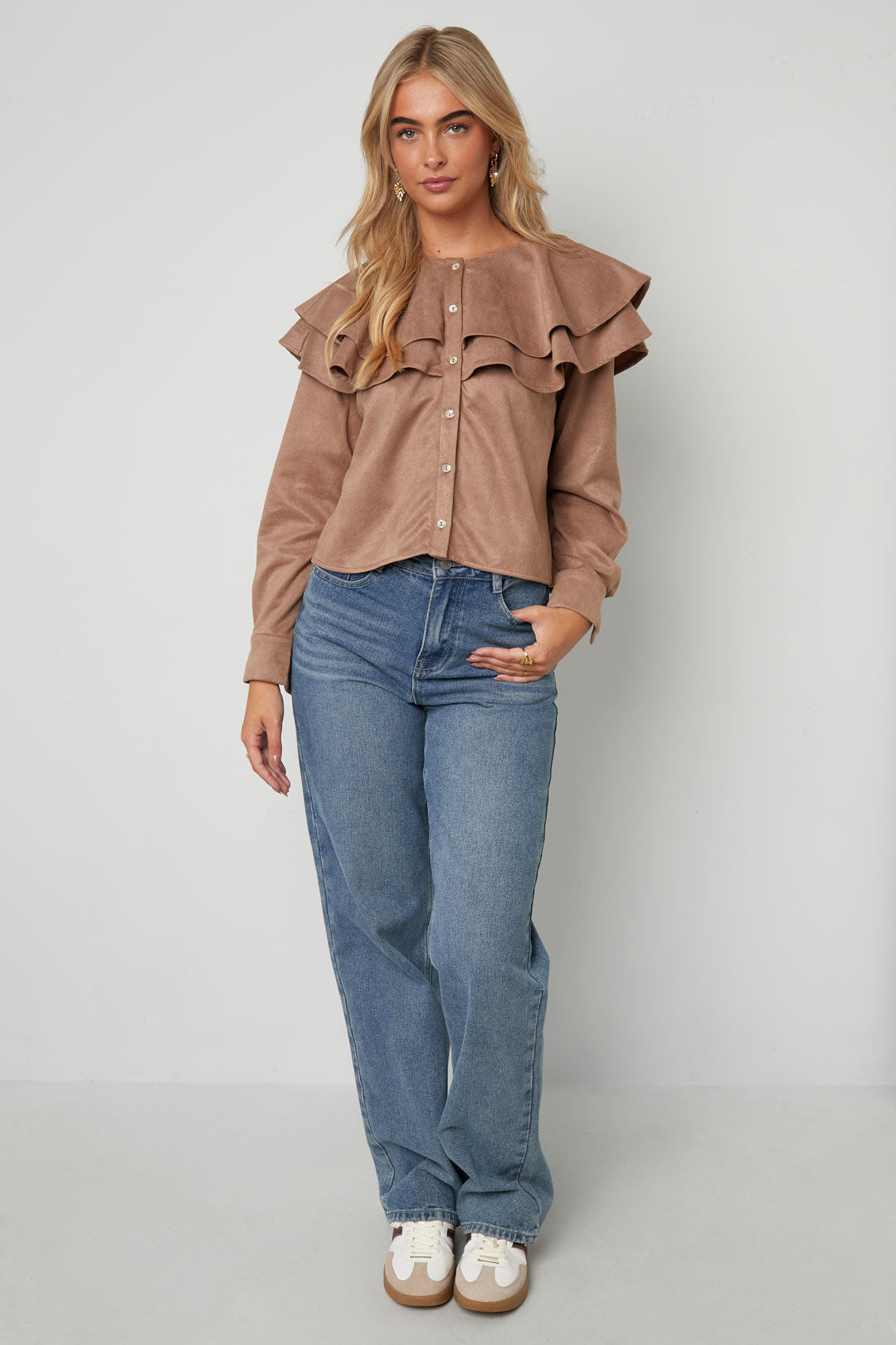 Woven Polyester Fiber Donna Blusa Elegant Ruffle Trim