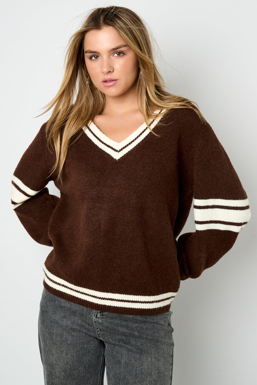 Maglione Donna Girocollo in Maglia Fibra di Poliestere Sportivo Righe Contrastanti