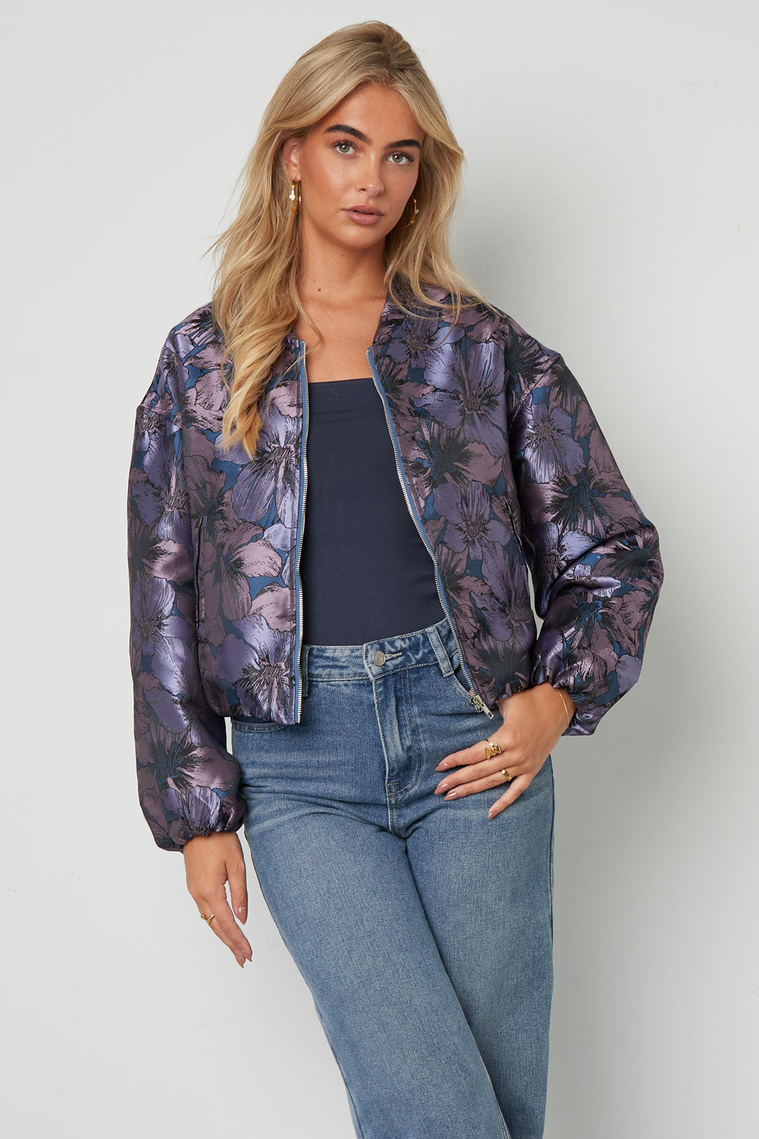 Tessuto Fibra di Poliestere Giacca Bomber Donna Casual Stampa Fiorita