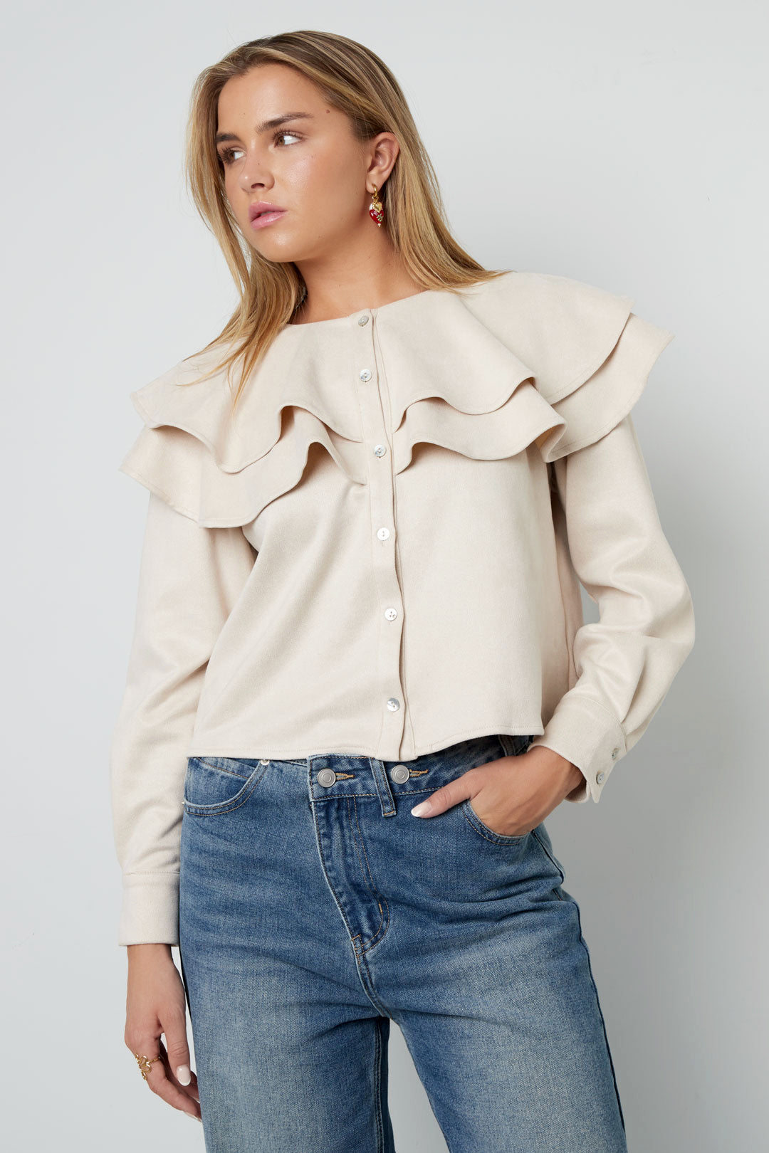 Woven Polyester Fiber Donna Blusa Elegant Ruffle Trim