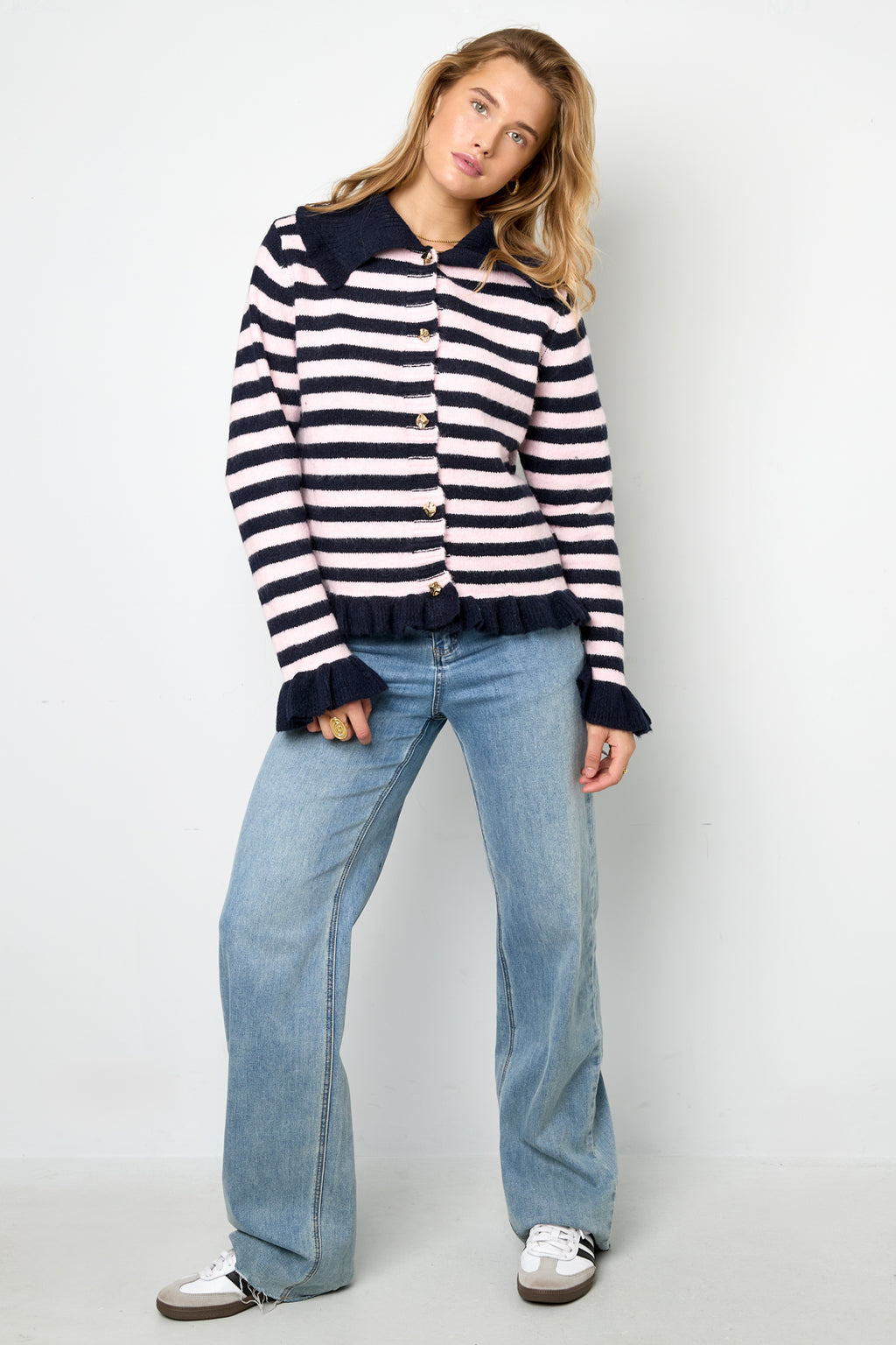 Cardigan Donna in Fibra di Poliestere Maglia Stile Casual a Righe