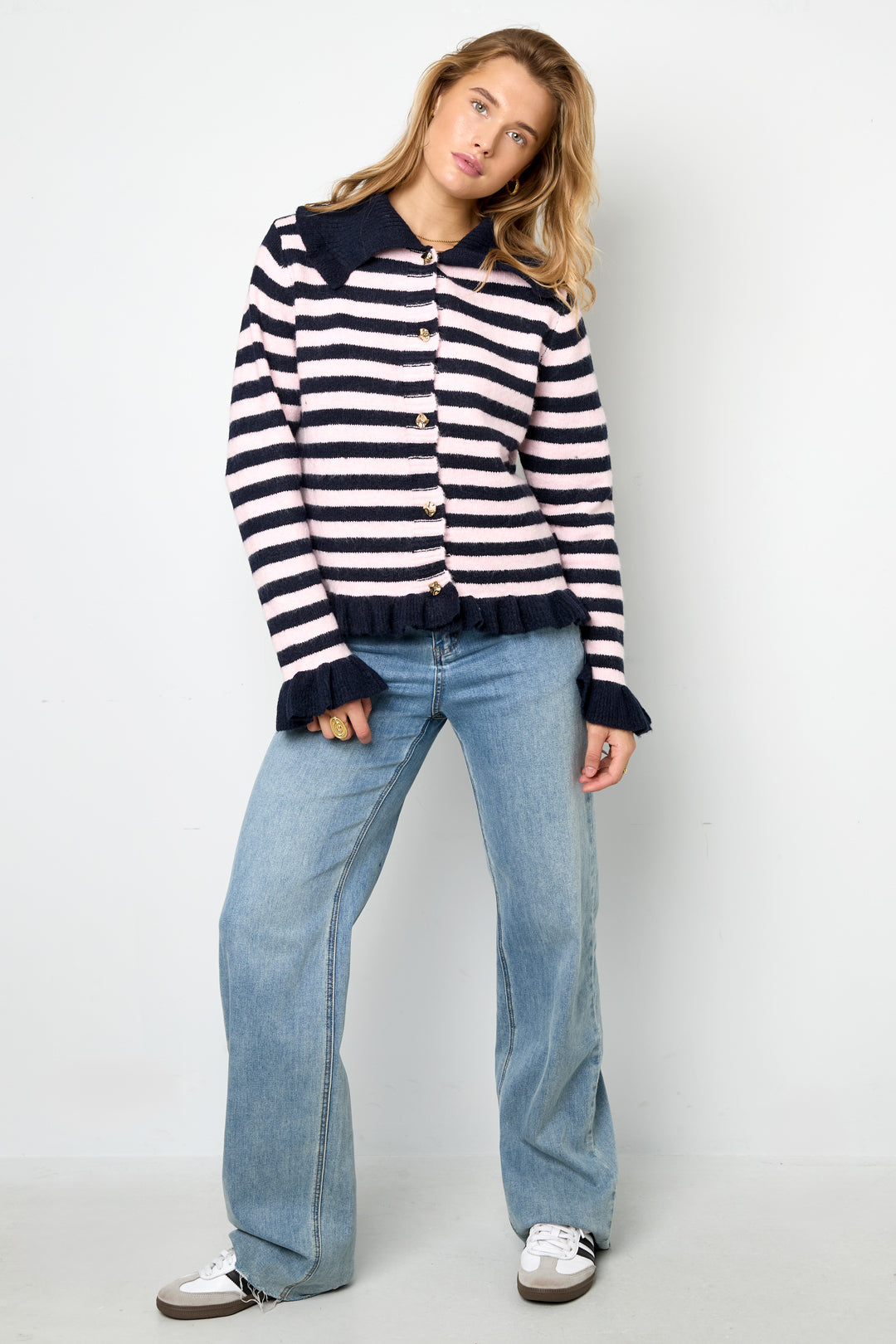 Cardigan Donna in Fibra di Poliestere Maglia Stile Casual a Righe