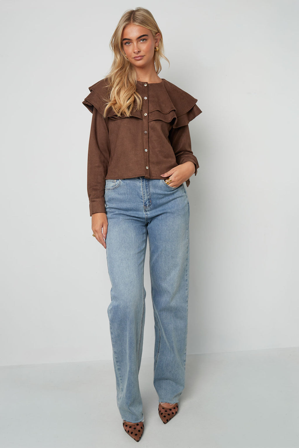 Woven Polyester Fiber Donna Blusa Elegant Ruffle Trim