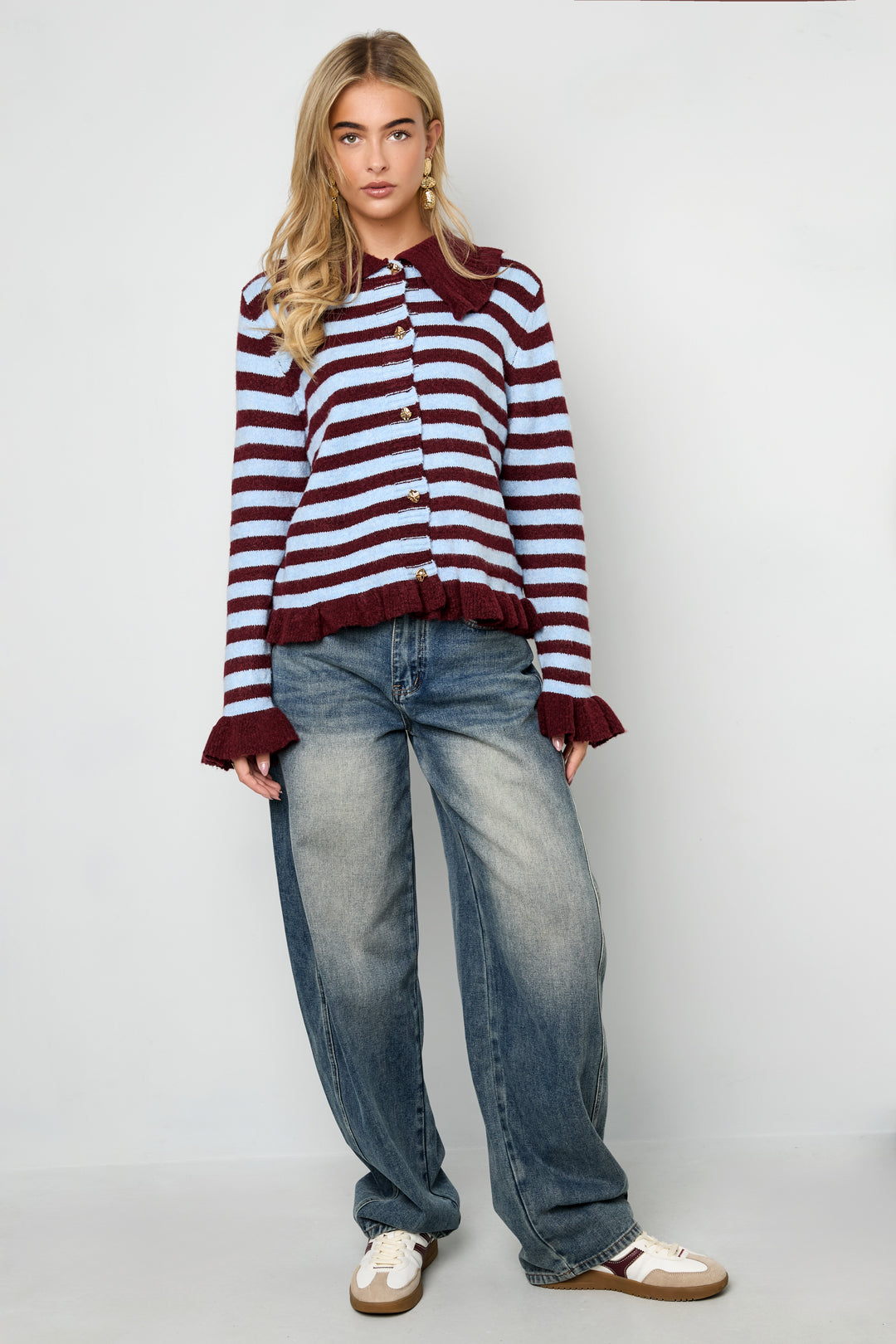 Cardigan Donna in Fibra di Poliestere Maglia Stile Casual a Righe