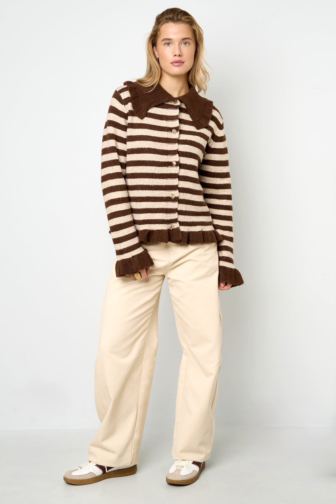 Cardigan Donna in Fibra di Poliestere Maglia Stile Casual a Righe