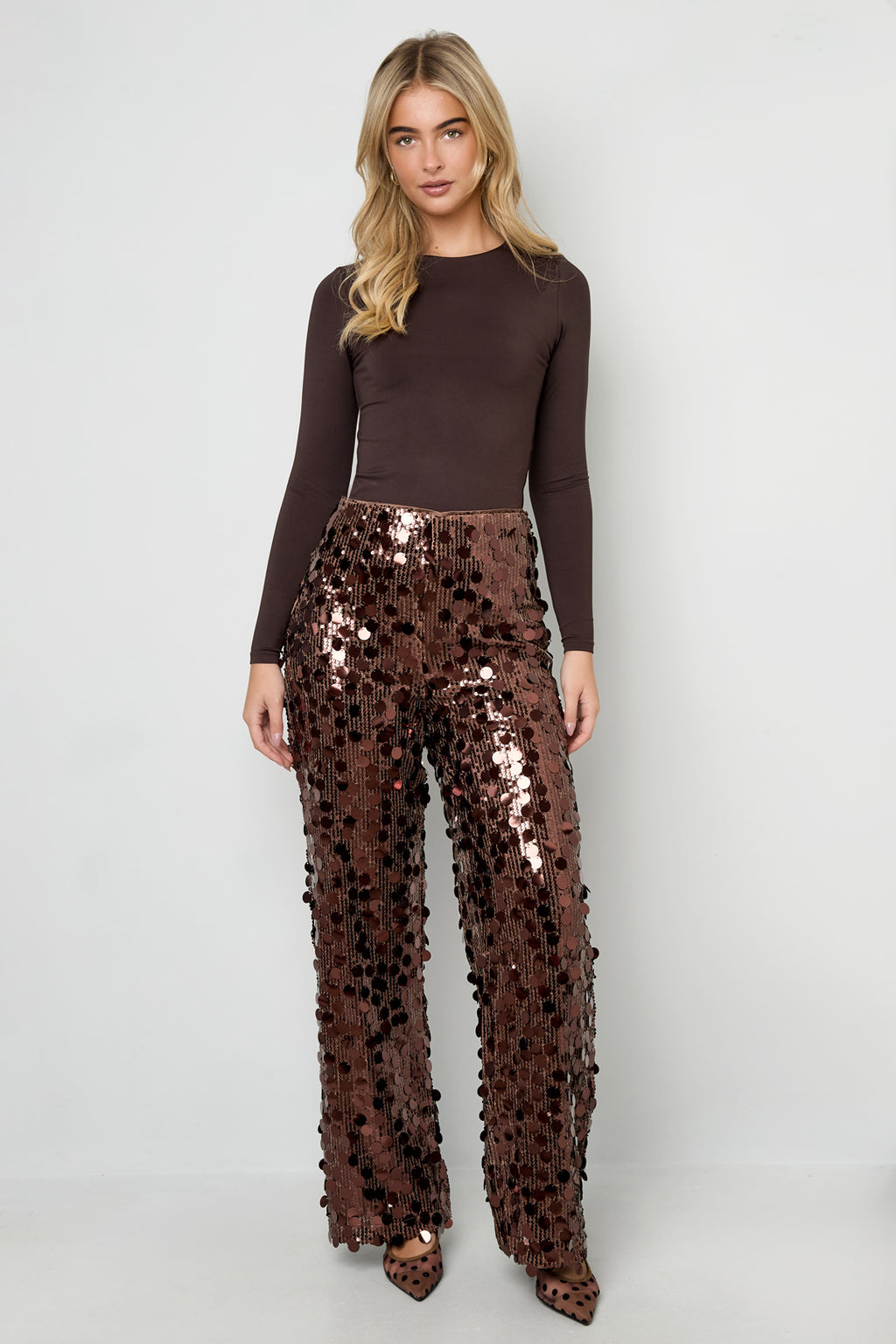 Tessuto Fibra di Poliestere Donna Pantalone Dritto Paillettes Elegante