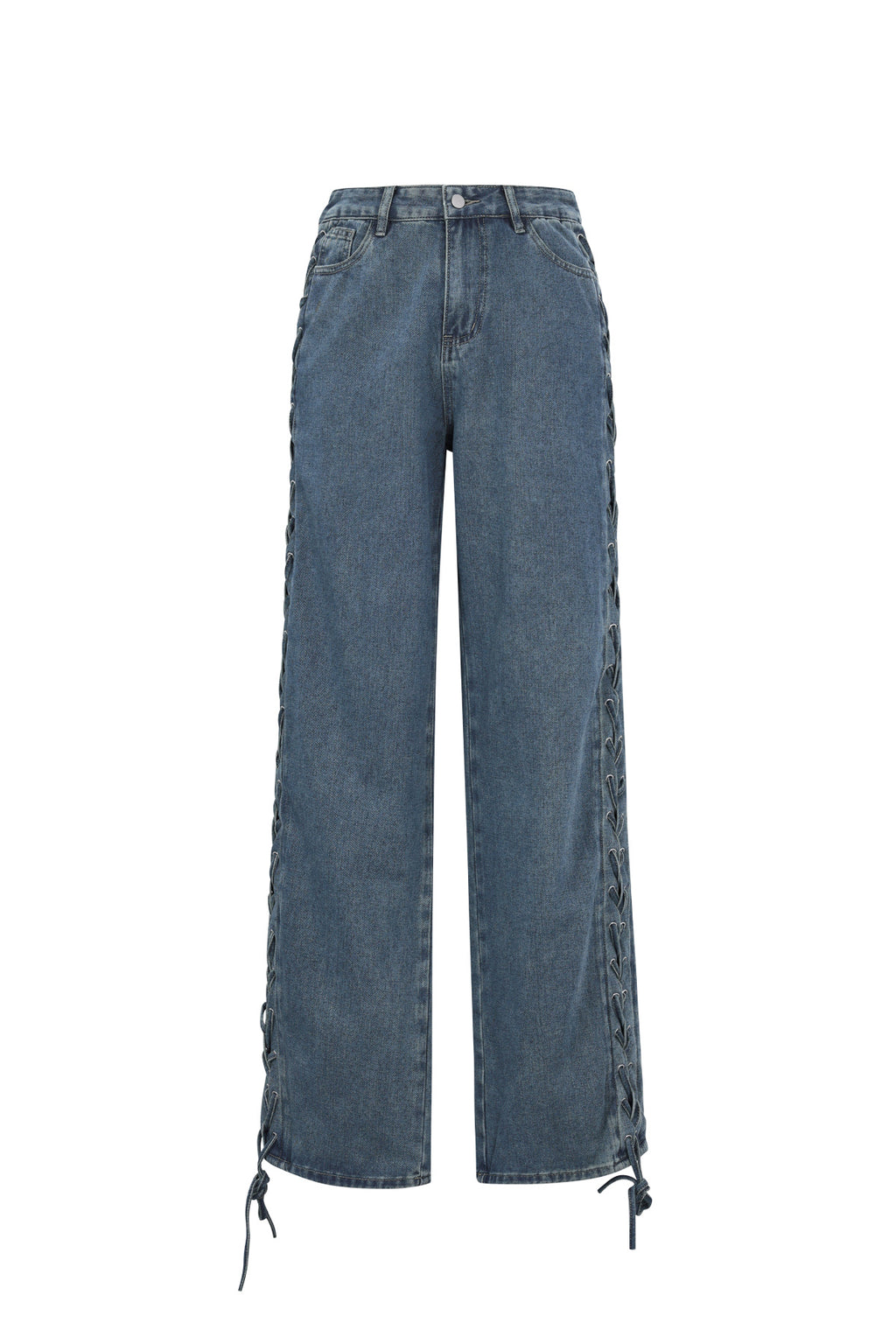 Cotone Tessuto Pantaloni Dritti Donna Con Lacci Casual