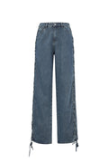 Cotone Tessuto Pantaloni Dritti Donna Con Lacci Casual