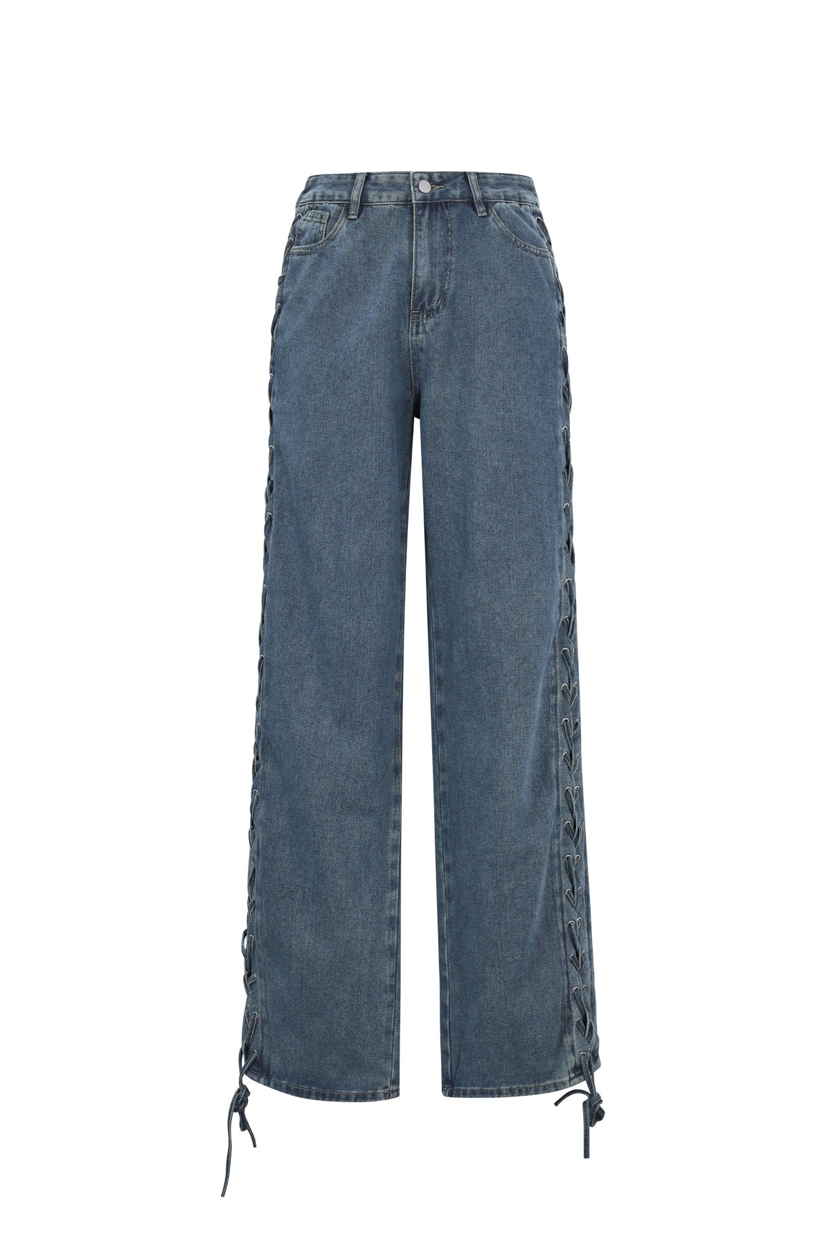 Cotone Tessuto Pantaloni Dritti Donna Con Lacci Casual