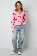Viscosa Maglia Cardigan Donna Carino Motivo Cuore Autunno/Inverno