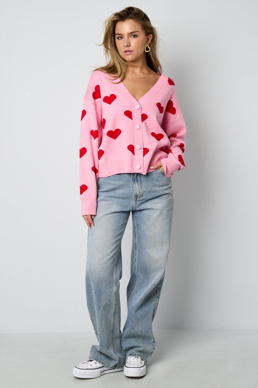 Viscosa Maglia Cardigan Donna Carino Motivo Cuore Autunno/Inverno