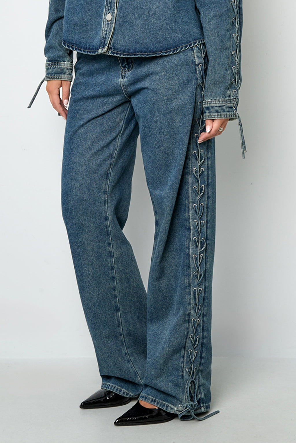 Cotone Tessuto Pantaloni Dritti Donna Con Lacci Casual