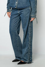 Cotone Tessuto Pantaloni Dritti Donna Con Lacci Casual