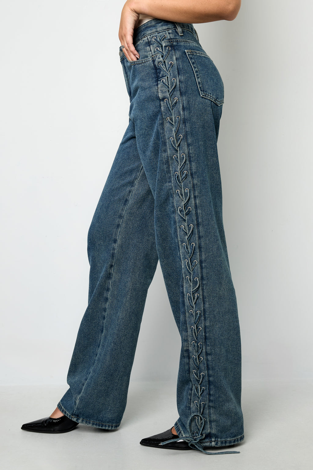 Cotone Tessuto Pantaloni Dritti Donna Con Lacci Casual