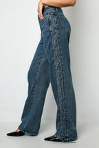 Cotone Tessuto Pantaloni Dritti Donna Con Lacci Casual