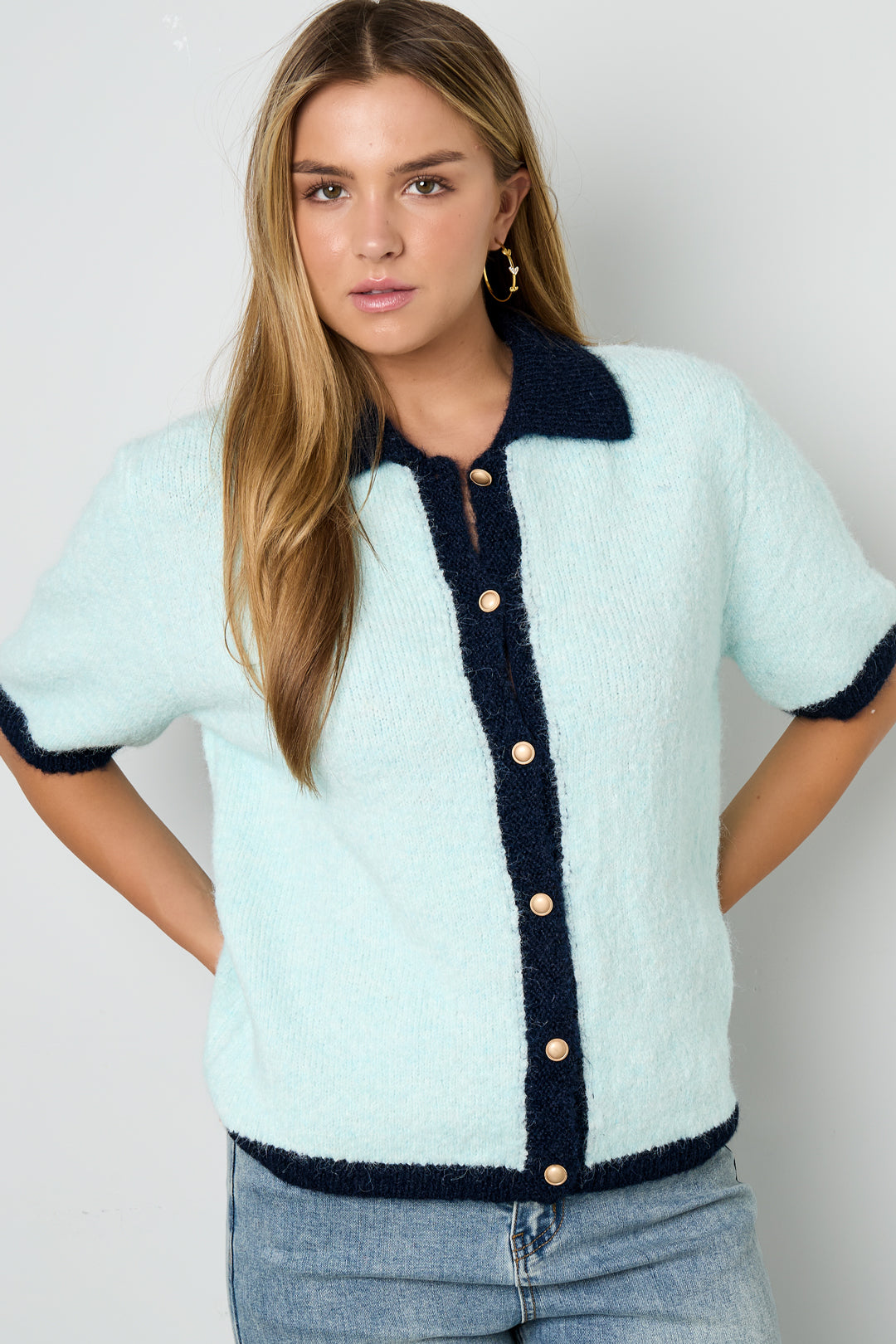 Cardigan in Fibra di Poliestere Intrecciata Donna Stile Casual Contrasto di Colori
