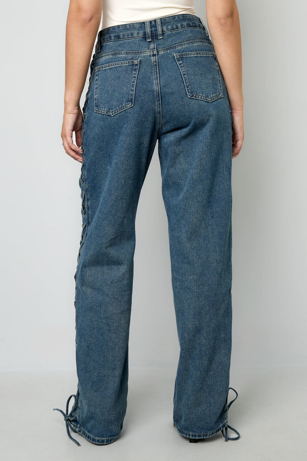 Cotone Tessuto Pantaloni Dritti Donna Con Lacci Casual
