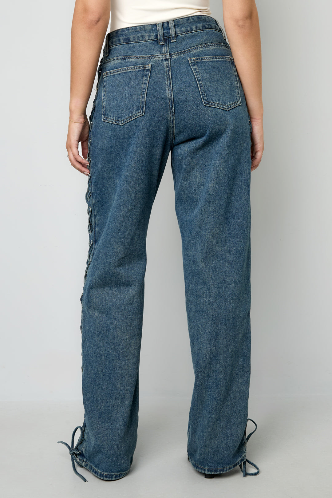 Cotone Tessuto Pantaloni Dritti Donna Con Lacci Casual