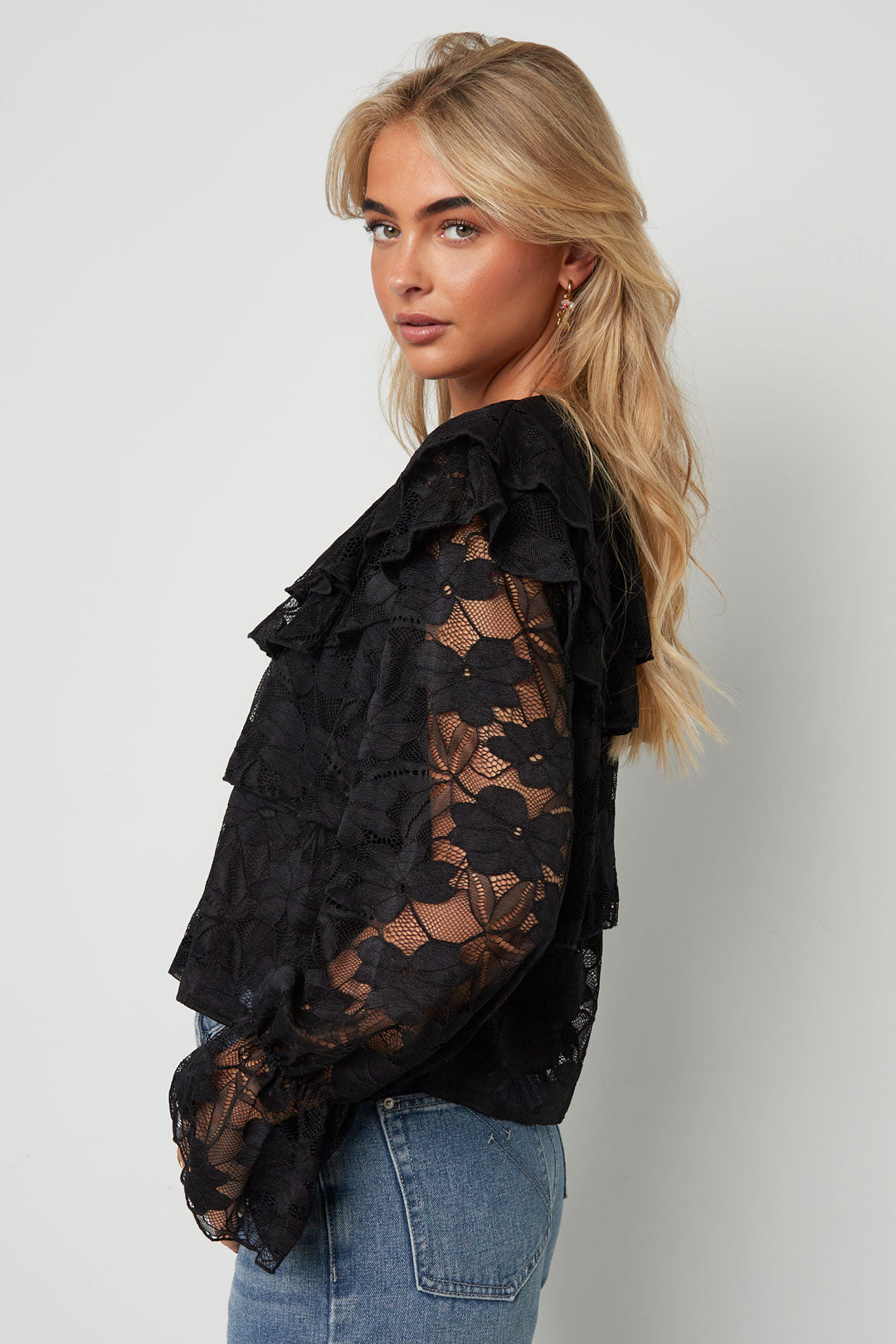 Camicia Donna in Fibra di Poliestere Tessuta Elegante Stampa Fiorita Pannello di Pizzo