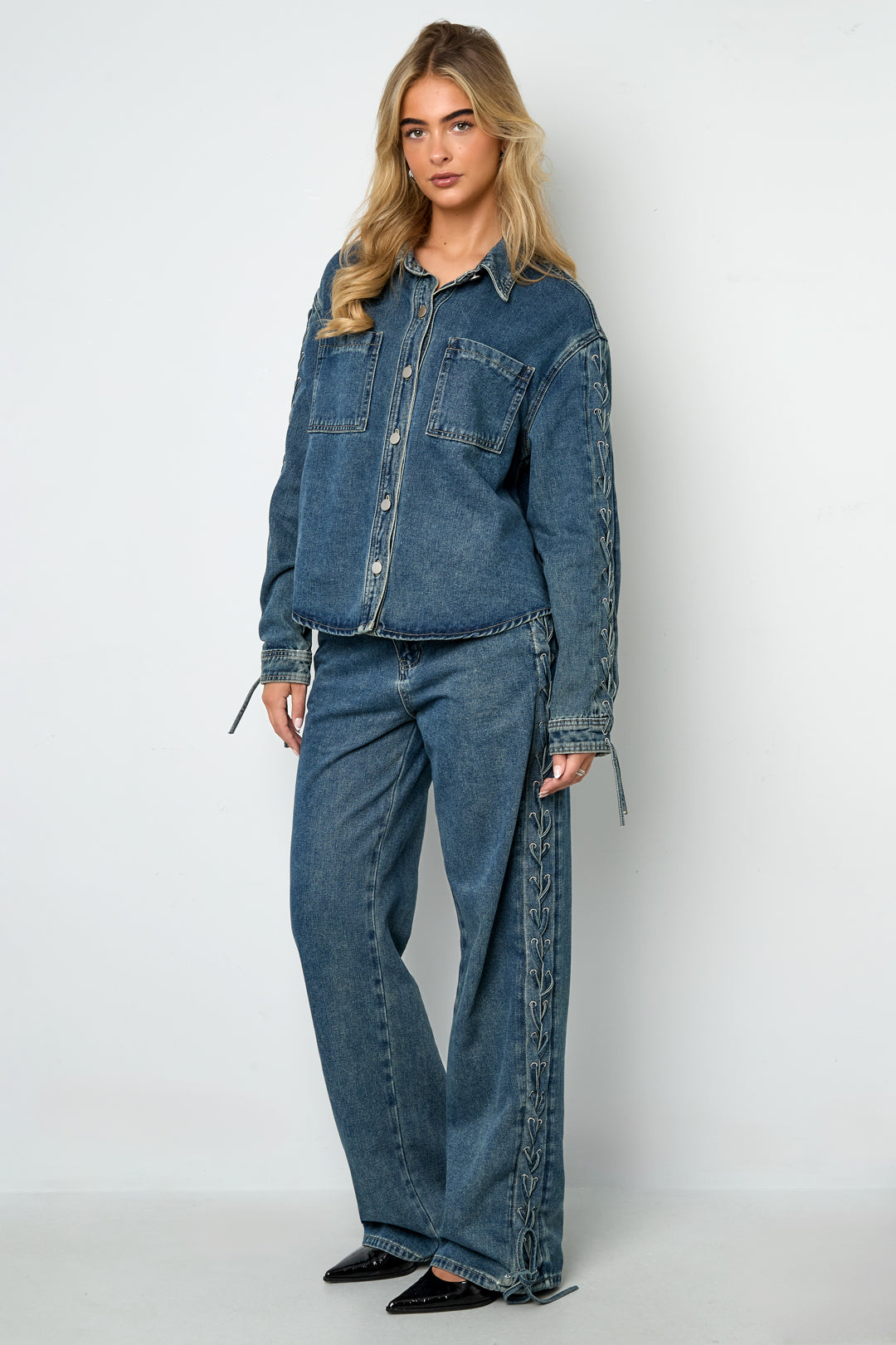 Cotone Tessuto Giacca Di Jeans Donna Casual Con Lacci