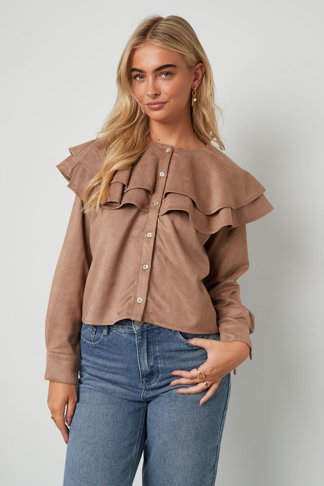 Woven Polyester Fiber Donna Blusa Elegant Ruffle Trim