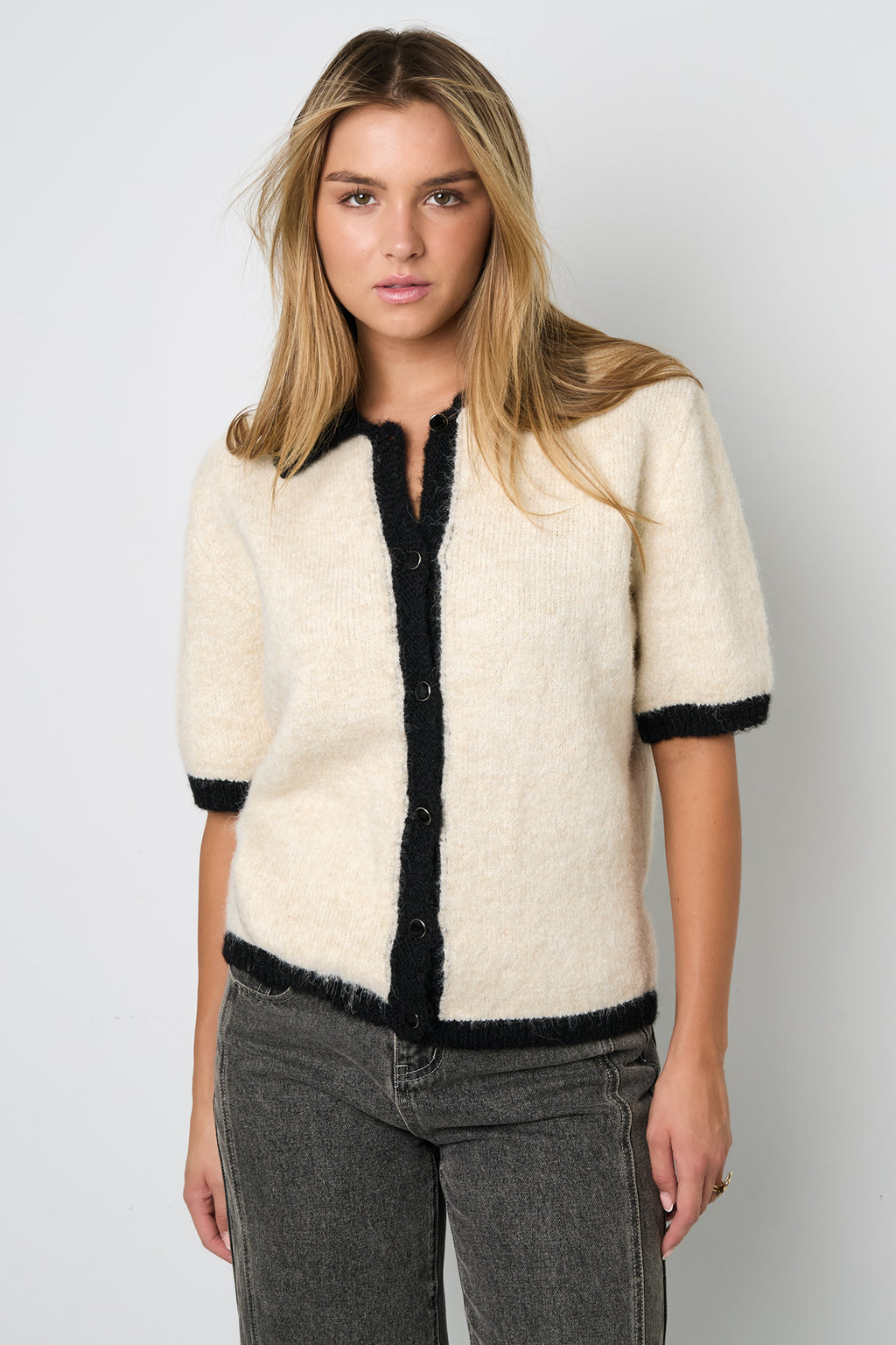 Cardigan in Fibra di Poliestere Intrecciata Donna Stile Casual Contrasto di Colori
