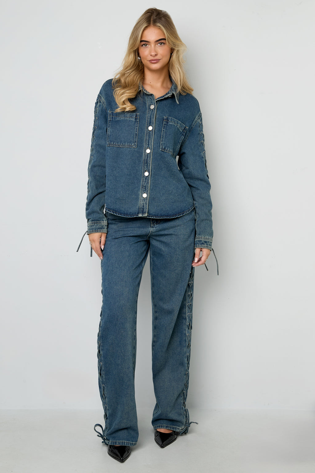 Cotone Tessuto Pantaloni Dritti Donna Con Lacci Casual