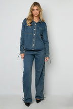 Cotone Tessuto Pantaloni Dritti Donna Con Lacci Casual