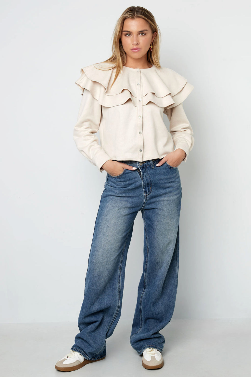 Woven Polyester Fiber Donna Blusa Elegant Ruffle Trim