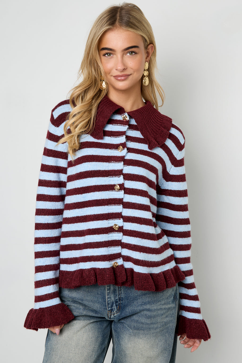 Cardigan Donna in Fibra di Poliestere Maglia Stile Casual a Righe