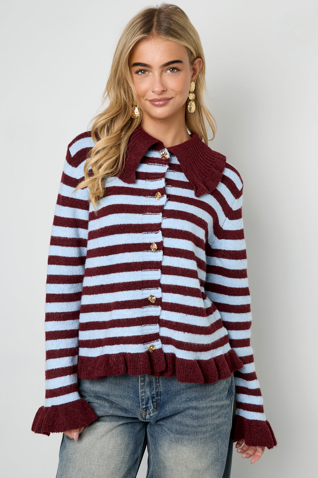 Cardigan Donna in Fibra di Poliestere Maglia Stile Casual a Righe