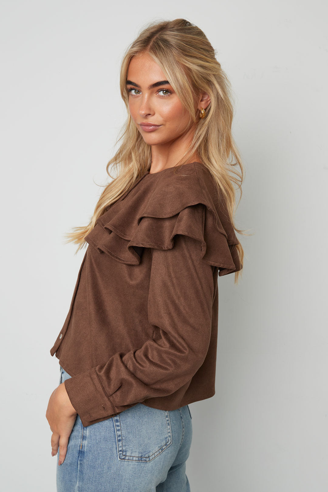 Woven Polyester Fiber Donna Blusa Elegant Ruffle Trim