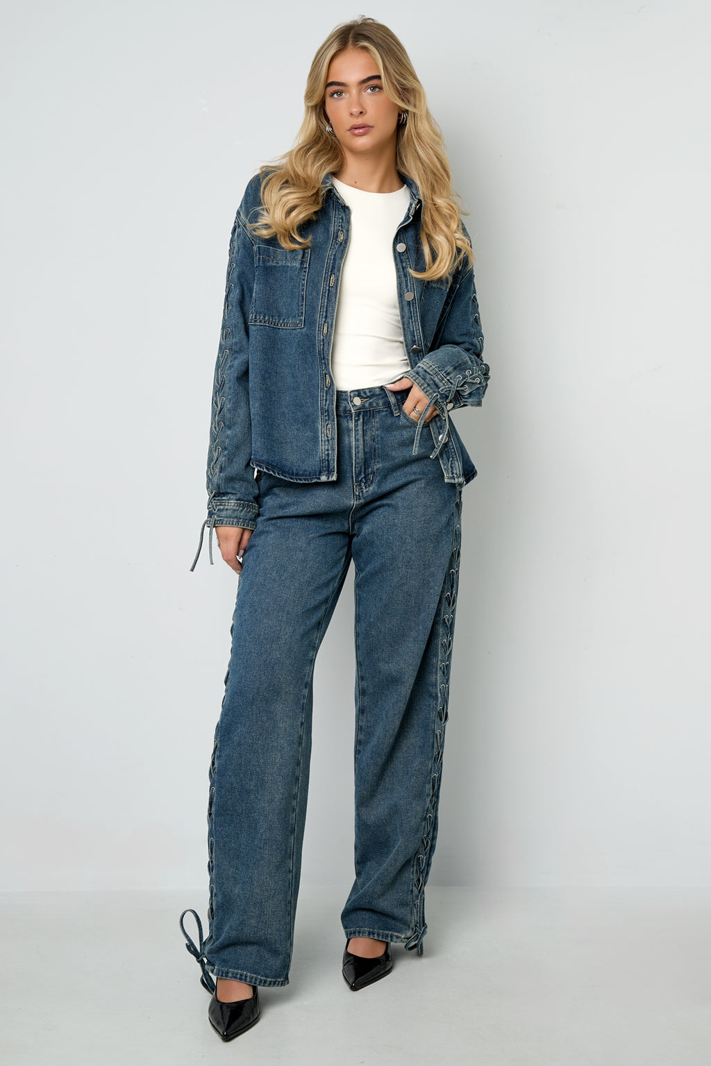Cotone Tessuto Giacca Di Jeans Donna Casual Con Lacci