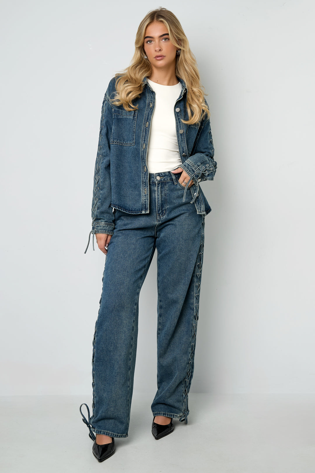 Cotone Tessuto Giacca Di Jeans Donna Casual Con Lacci