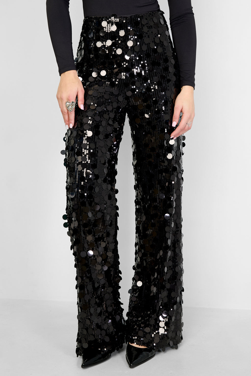 Tessuto Fibra di Poliestere Donna Pantalone Dritto Paillettes Elegante